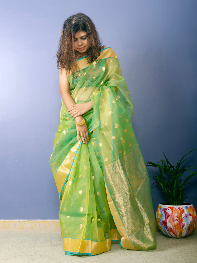 Lime Green Chanderi Handwoven Pure Silk by Silk Sari