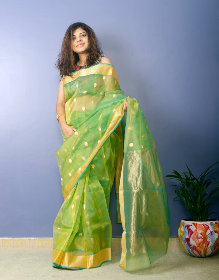 Lime Green Chanderi Handwoven Pure Silk by Silk Sari