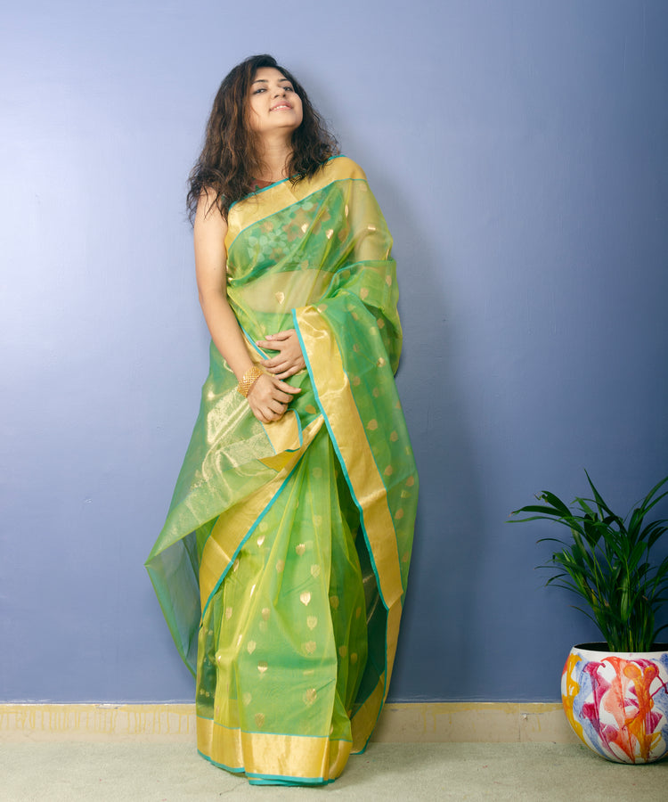 Lime Green Chanderi Handwoven Pure Silk by Silk Sari