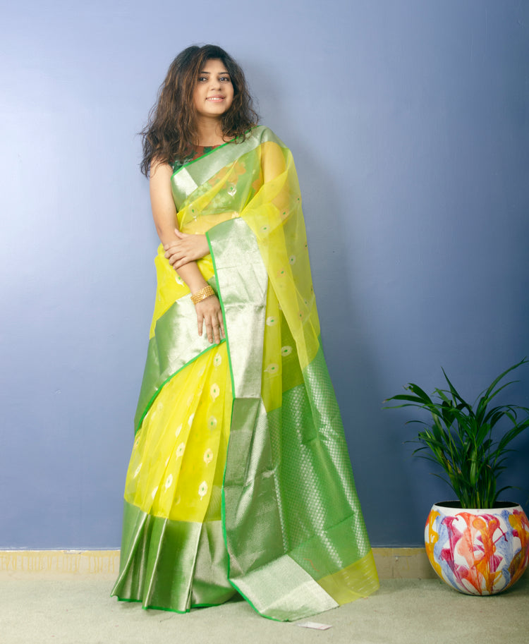 Lemon Yellow Chanderi Handwoven Pure Silk by Silk Sari with Green zari Border