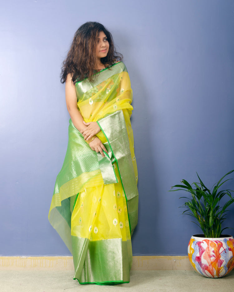 Lemon Yellow Chanderi Handwoven Pure Silk by Silk Sari with Green zari Border