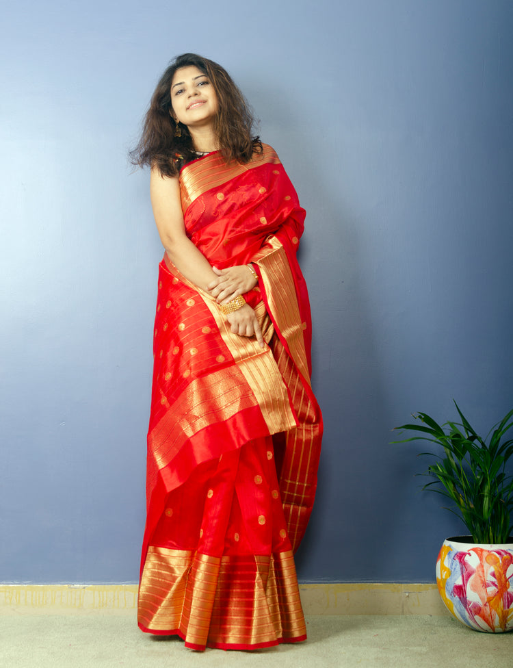 Redko - Tomato Red Chanderi Handwoven Pure Silk by Silk Sari with Golden Bordee