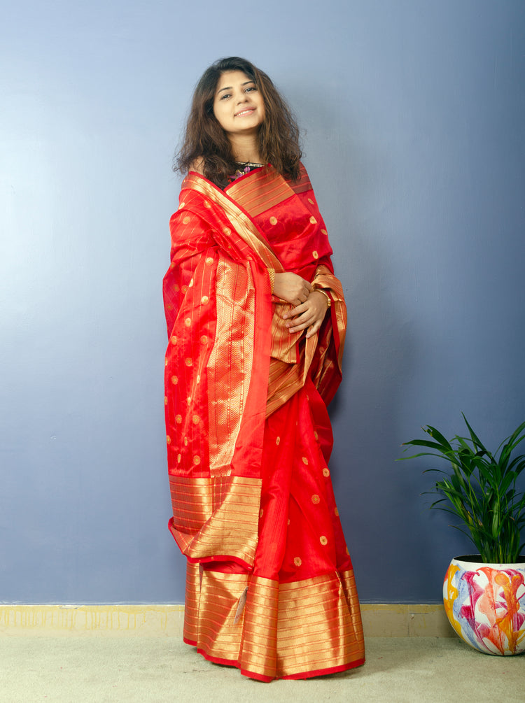 Redko - Tomato Red Chanderi Handwoven Pure Silk by Silk Sari with Golden Bordee