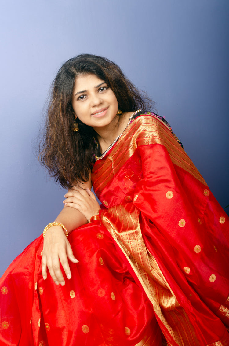 Redko - Tomato Red Chanderi Handwoven Pure Silk by Silk Sari with Golden Bordee