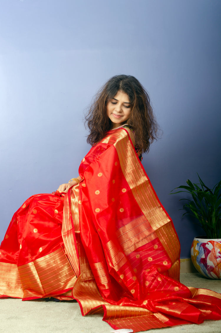 Redko - Tomato Red Chanderi Handwoven Pure Silk by Silk Sari with Golden Bordee