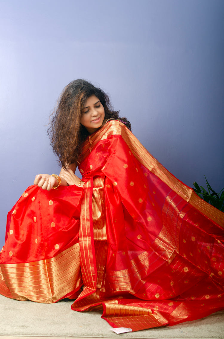 Redko - Tomato Red Chanderi Handwoven Pure Silk by Silk Sari with Golden Bordee