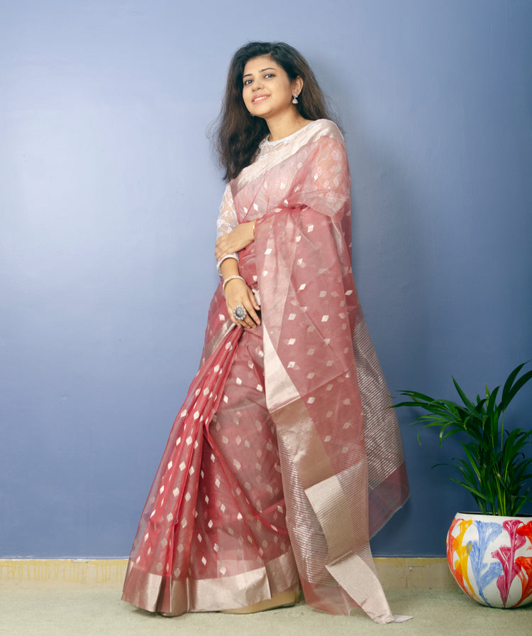 Rouge Color Chanderi Handwoven Pure Silk by Silk Sari
