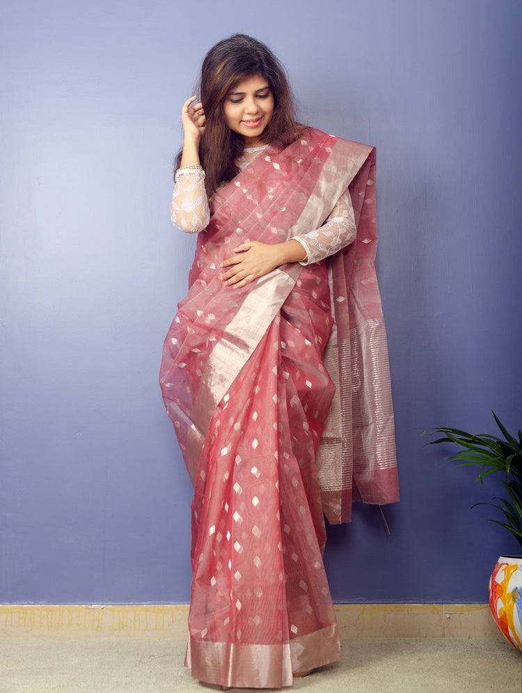 Rouge Color Chanderi Handwoven Pure Silk by Silk Sari