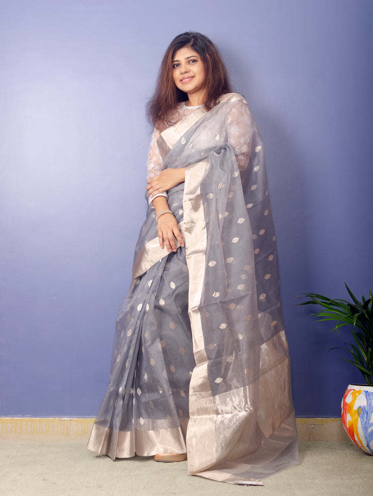 Mizuki - Slate Grey Chanderi Handwoven Pure Silk by Silk Sari