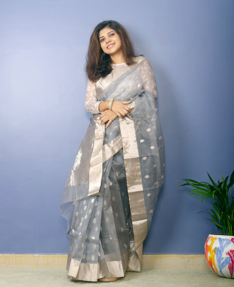 Mizuki - Slate Grey Chanderi Handwoven Pure Silk by Silk Sari