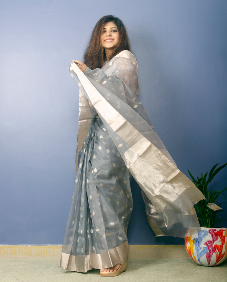 Mizuki - Slate Grey Chanderi Handwoven Pure Silk by Silk Sari