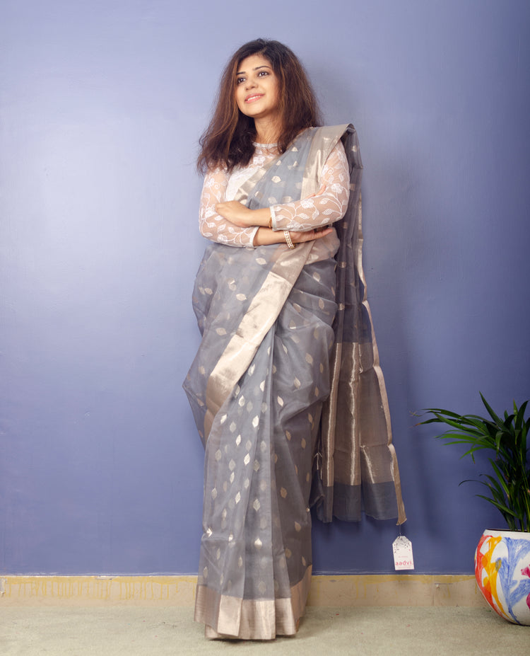 Mizuki - Slate Grey Chanderi Handwoven Pure Silk by Silk Sari