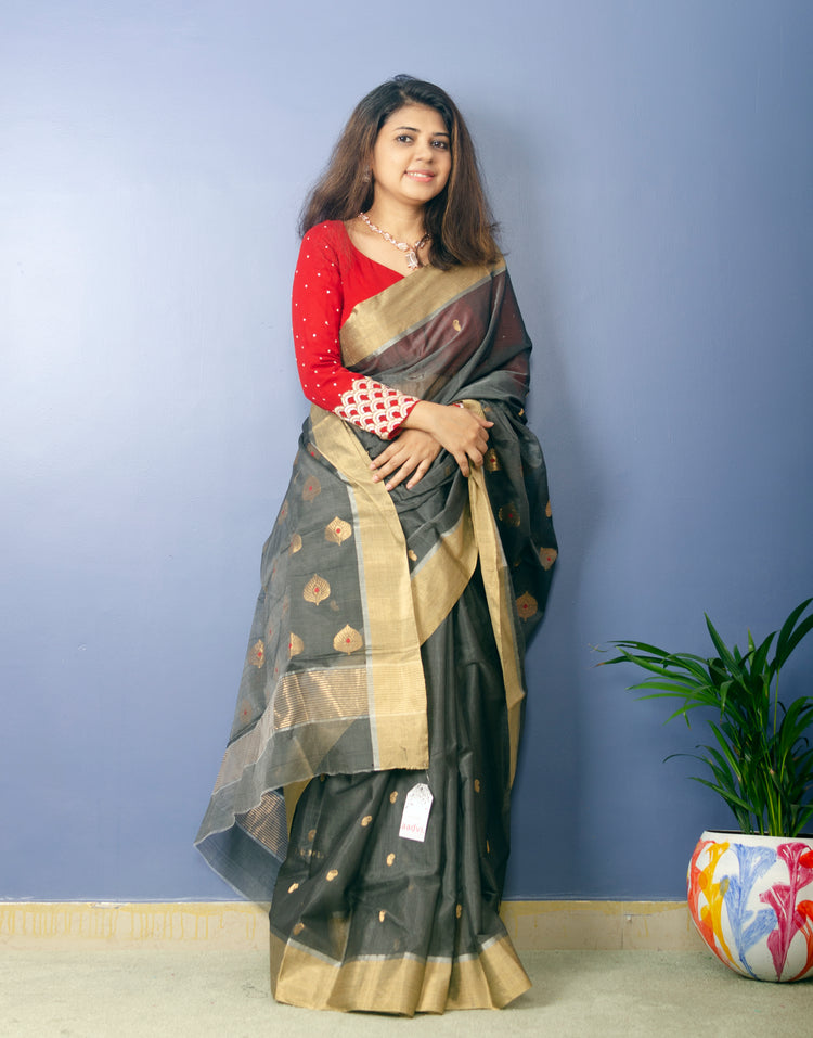 Deep Grey Chanderi Handwoven Silk Sari