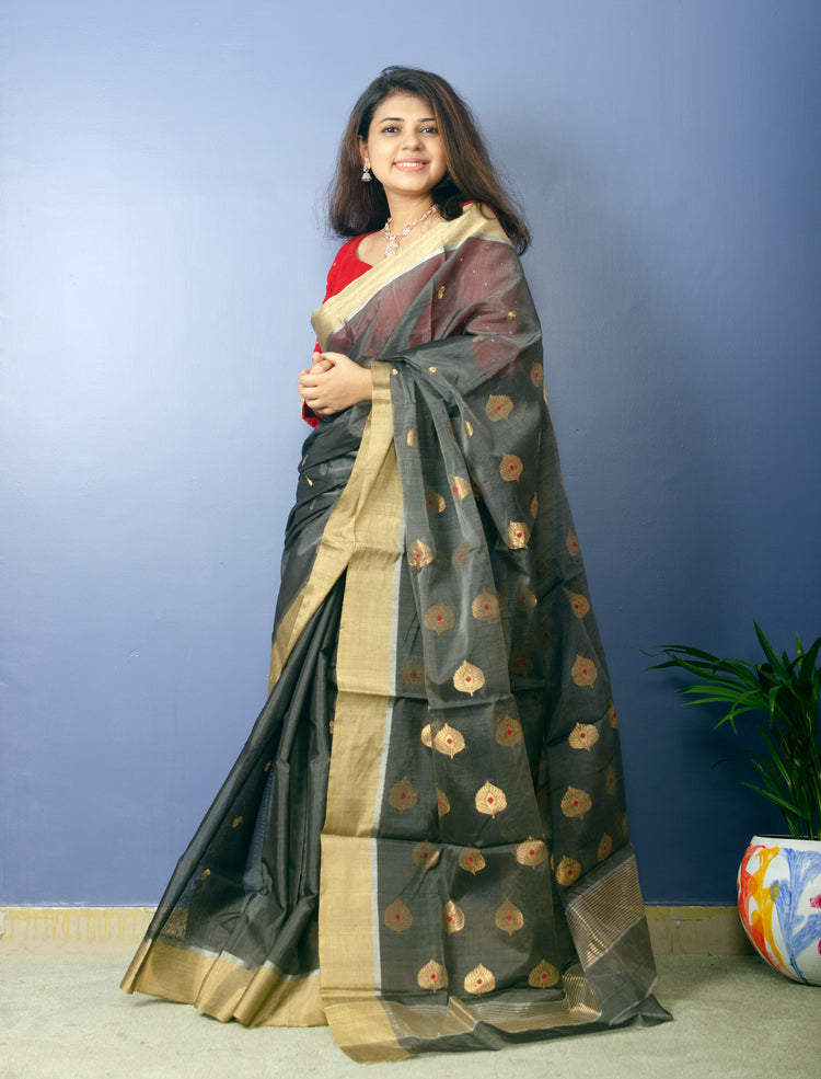 Deep Grey Chanderi Handwoven Silk Sari