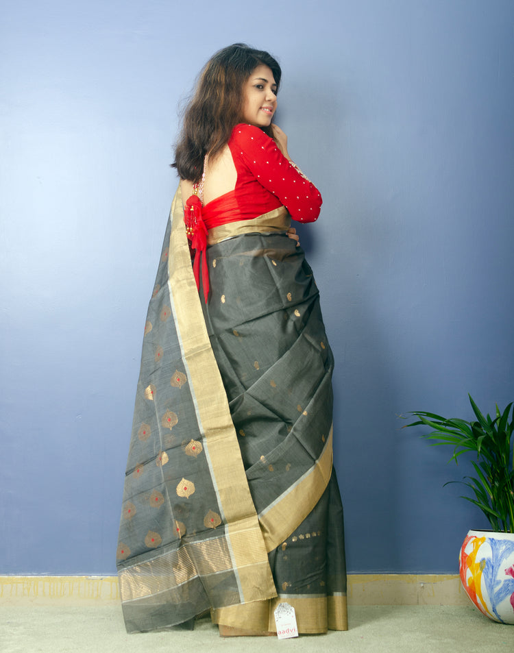 Deep Grey Chanderi Handwoven Silk Sari