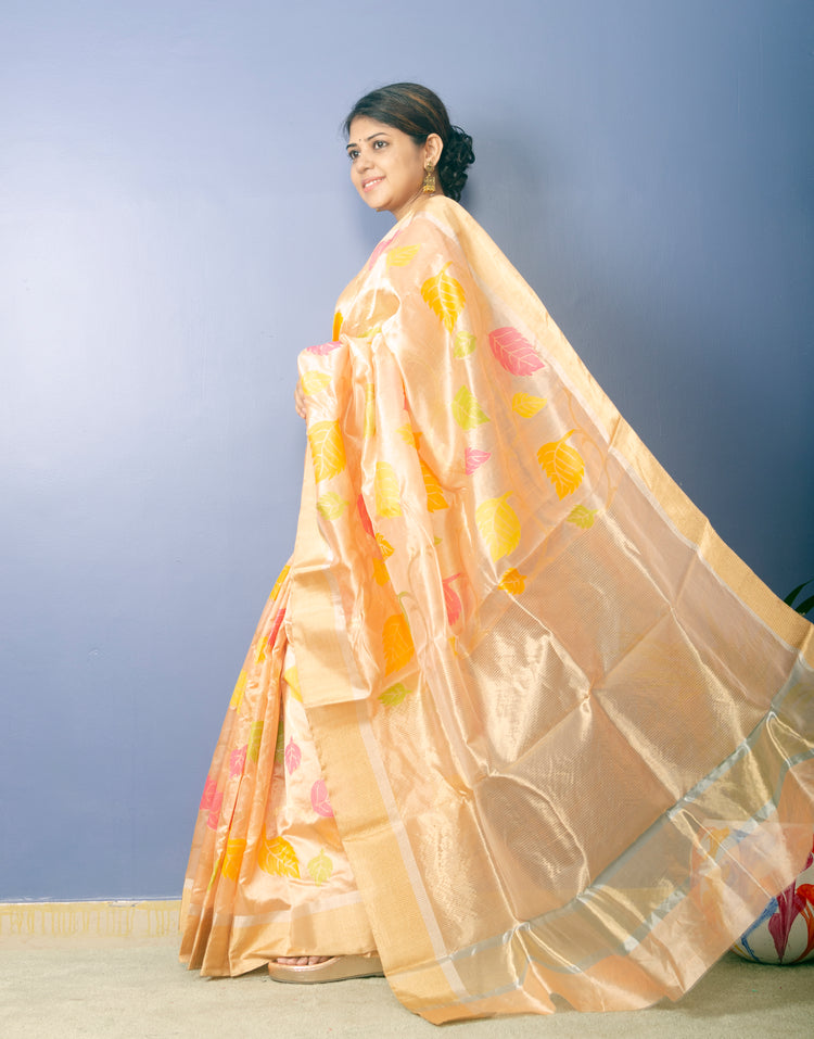 Flossy - Peach Color Chanderi Handwoven Pure Silk by Silk Sari with Multicolor motifs