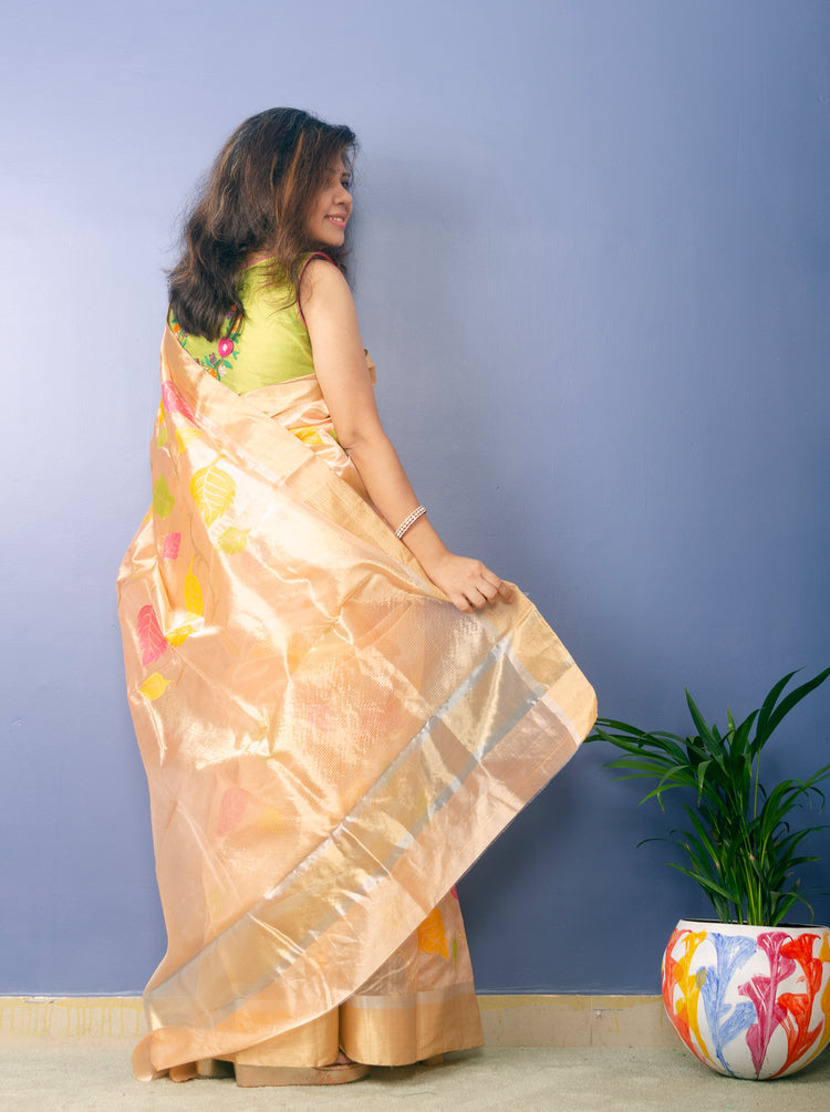 Flossy - Peach Color Chanderi Handwoven Pure Silk by Silk Sari with Multicolor motifs