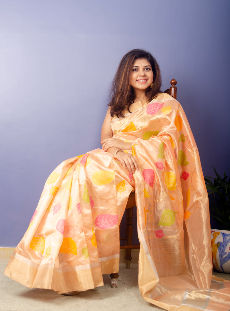 Flossy - Peach Color Chanderi Handwoven Pure Silk by Silk Sari with Multicolor motifs