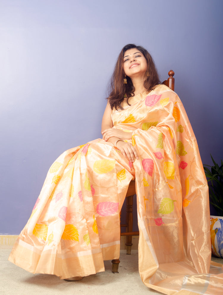 Flossy - Peach Color Chanderi Handwoven Pure Silk by Silk Sari with Multicolor motifs