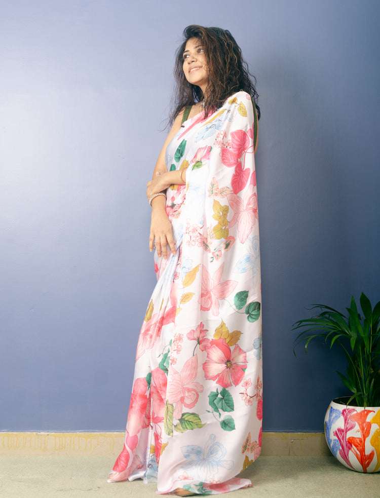 Flora - Digital Floral Print Satin Sari