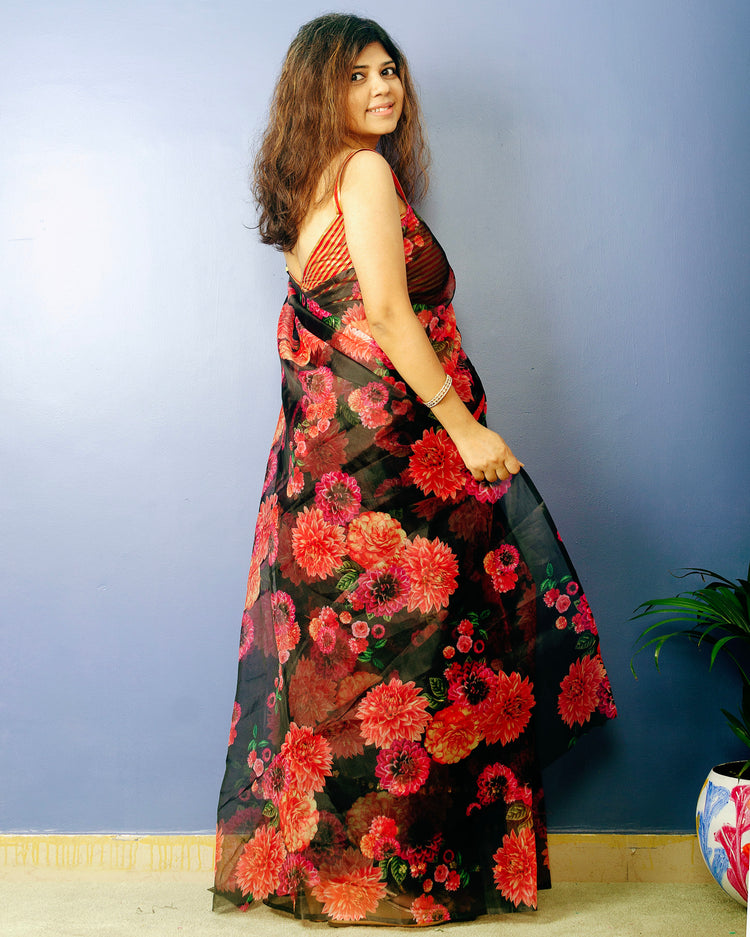 Dahlia - Black Organza with Floral Print Saree
