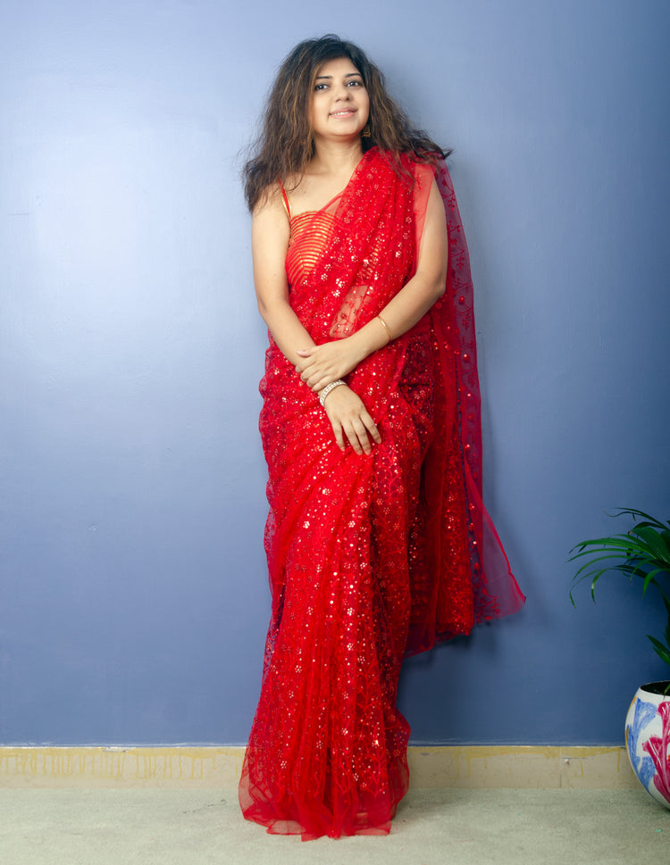 Vermillion - Red Sequin Net Sari