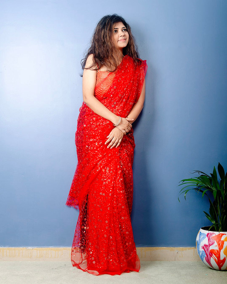 Vermillion - Red Sequin Net Sari