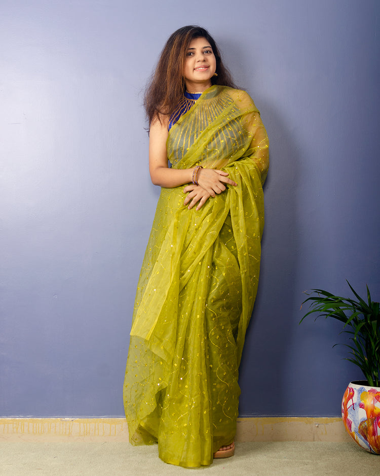 Sheen Green embroidred Organza Saree