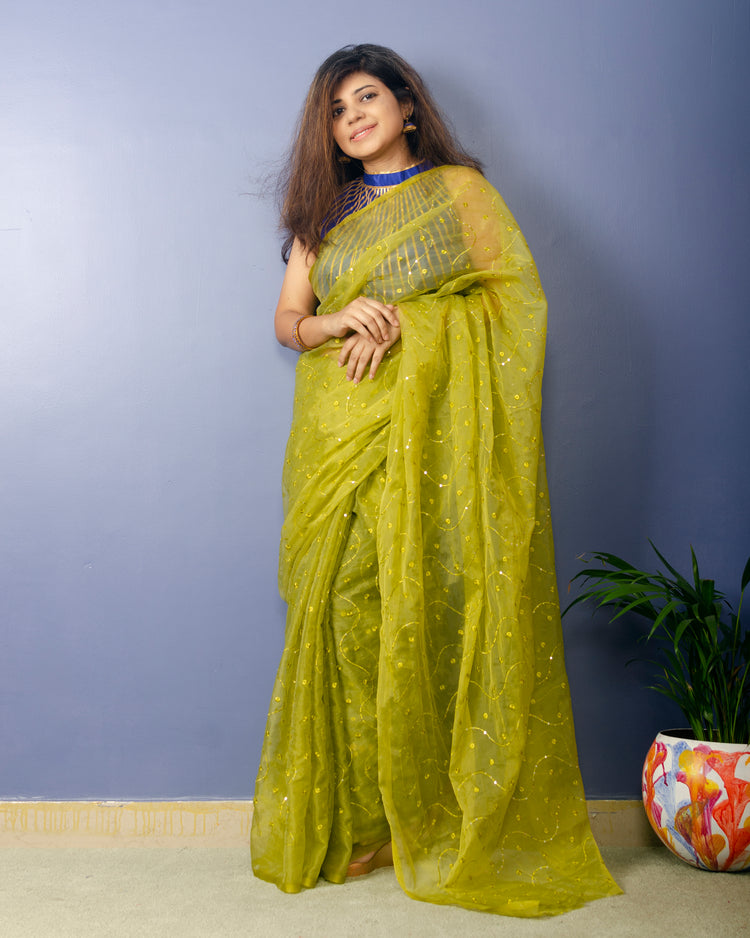 Sheen Green embroidred Organza Saree