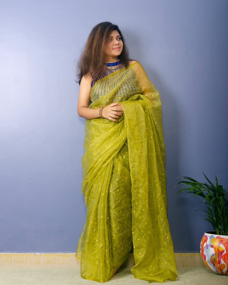 Sheen Green embroidred Organza Saree