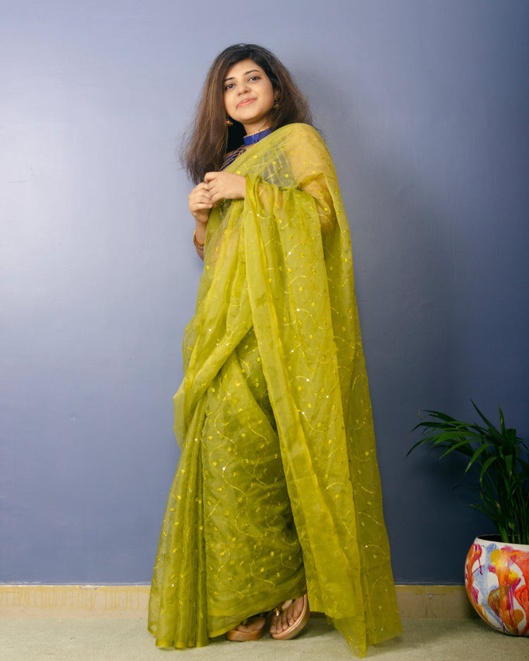 Sheen Green embroidred Organza Saree