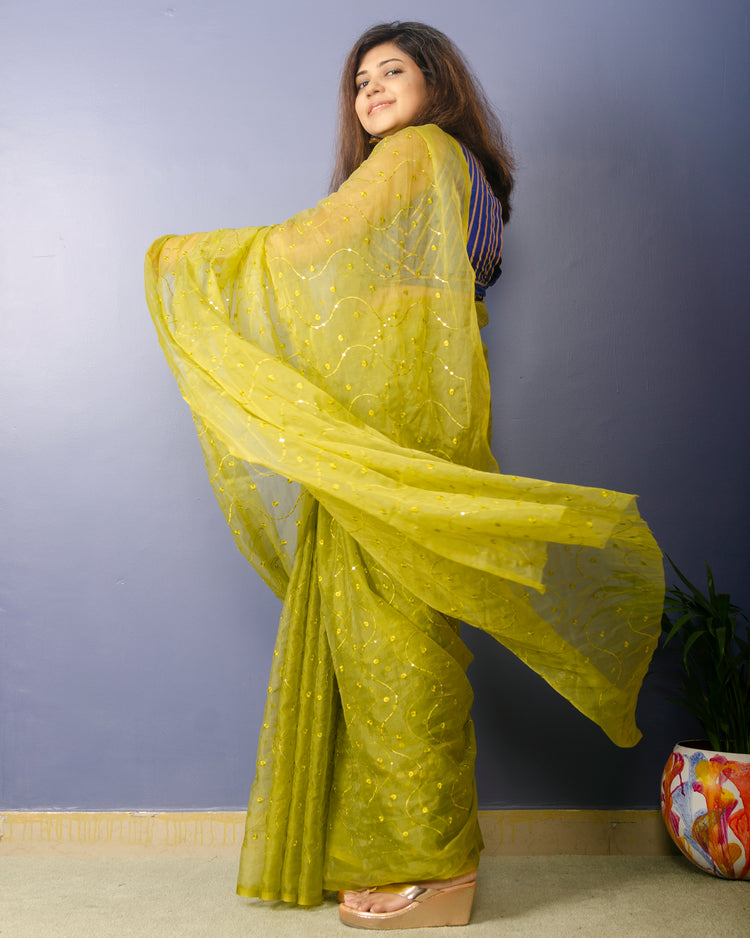 Sheen Green embroidred Organza Saree