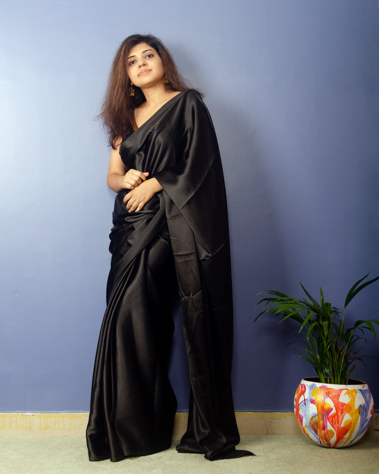 Pure Black Satin Saree