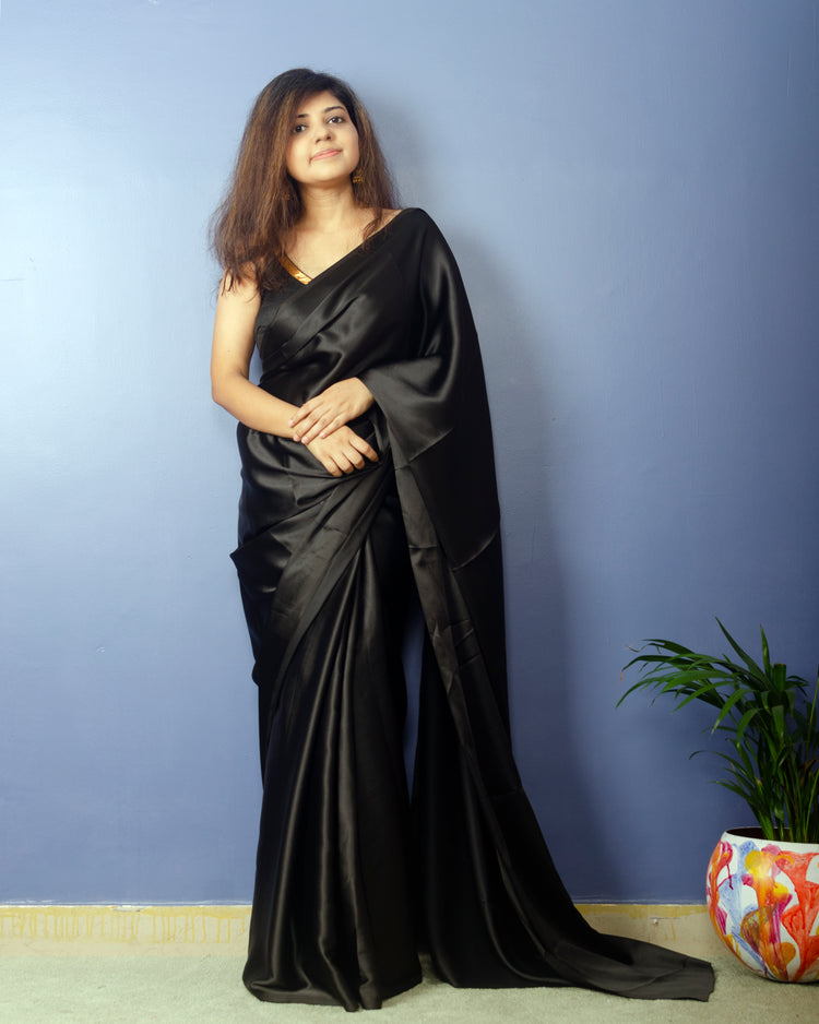 Pure Black Satin Saree