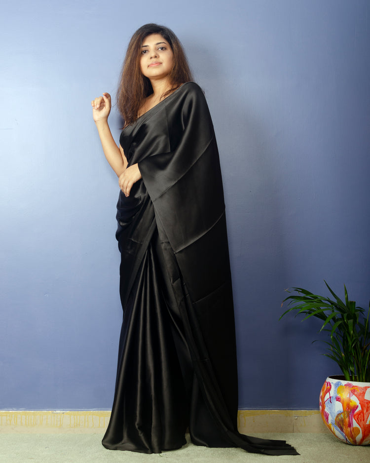 Pure Black Satin Saree
