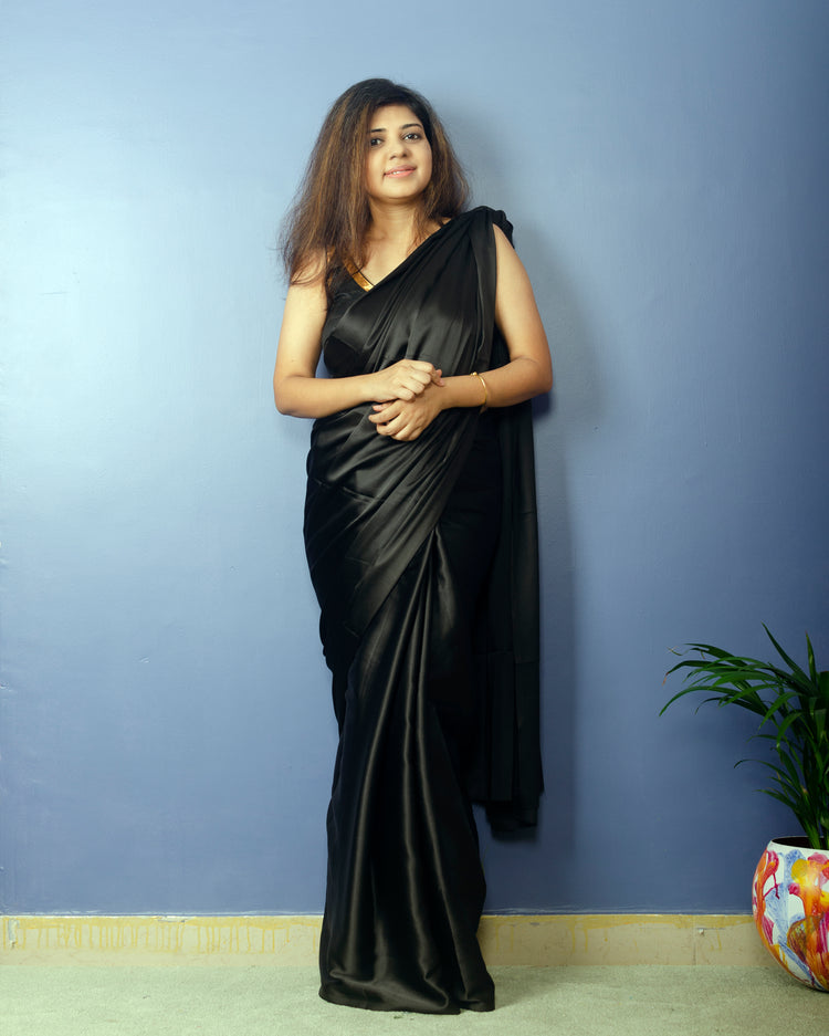 Pure Black Satin Saree