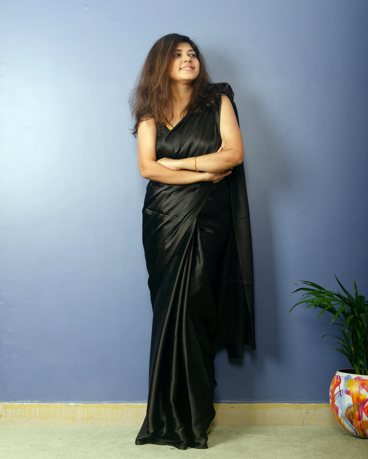 Pure Black Satin Saree