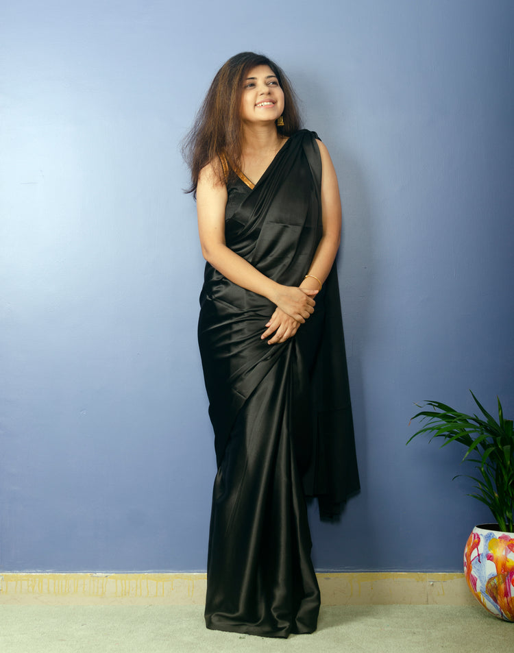 Pure Black Satin Saree