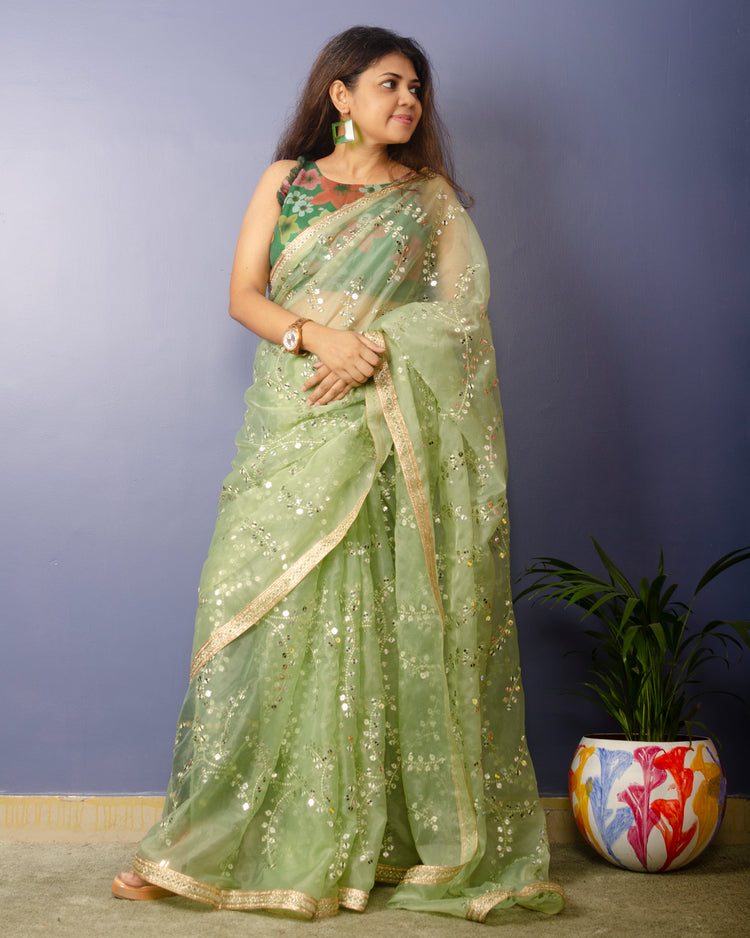 Pista Green Embroidred Organza Saree