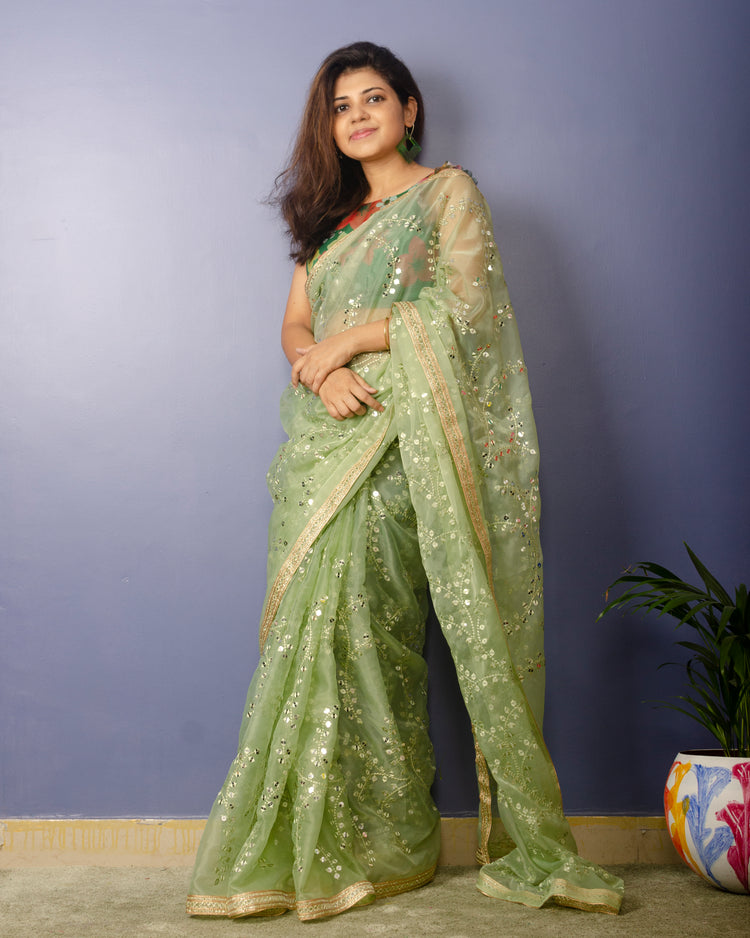 Pista Green Embroidred Organza Saree
