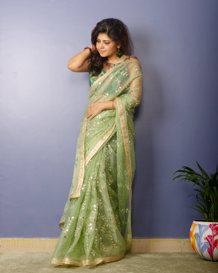 Pista Green Embroidred Organza Saree