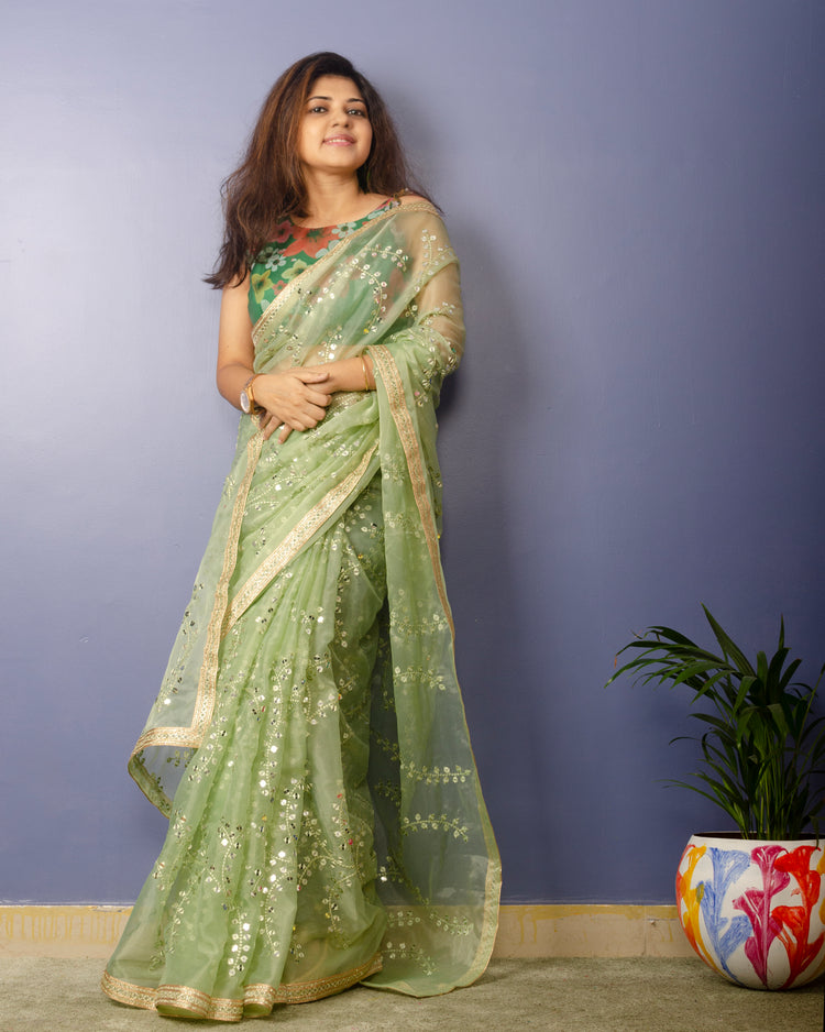 Pista Green Embroidred Organza Saree