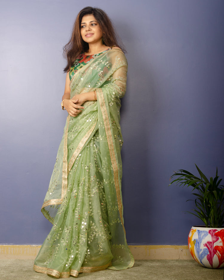 Pista Green Embroidred Organza Saree