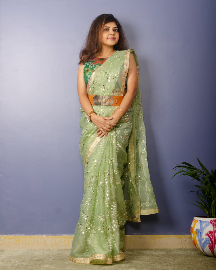 Pista Green Embroidred Organza Saree