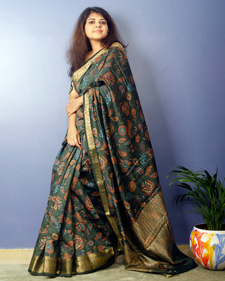 Juniper Handwoven Pure Muga Silk  with Kalamkari Print