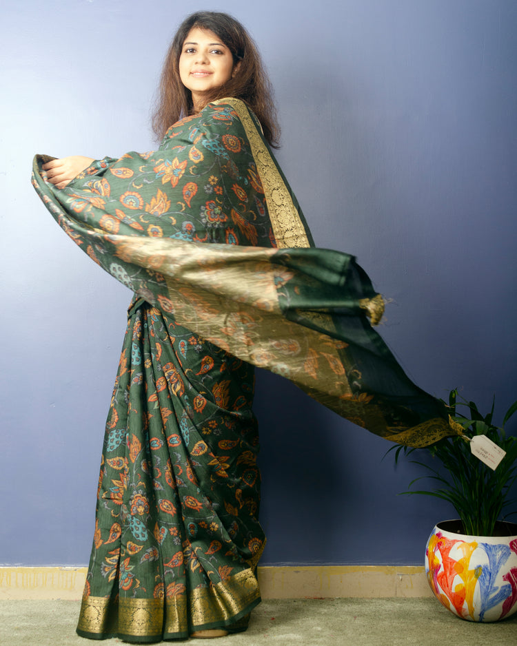 Juniper Handwoven Pure Muga Silk  with Kalamkari Print