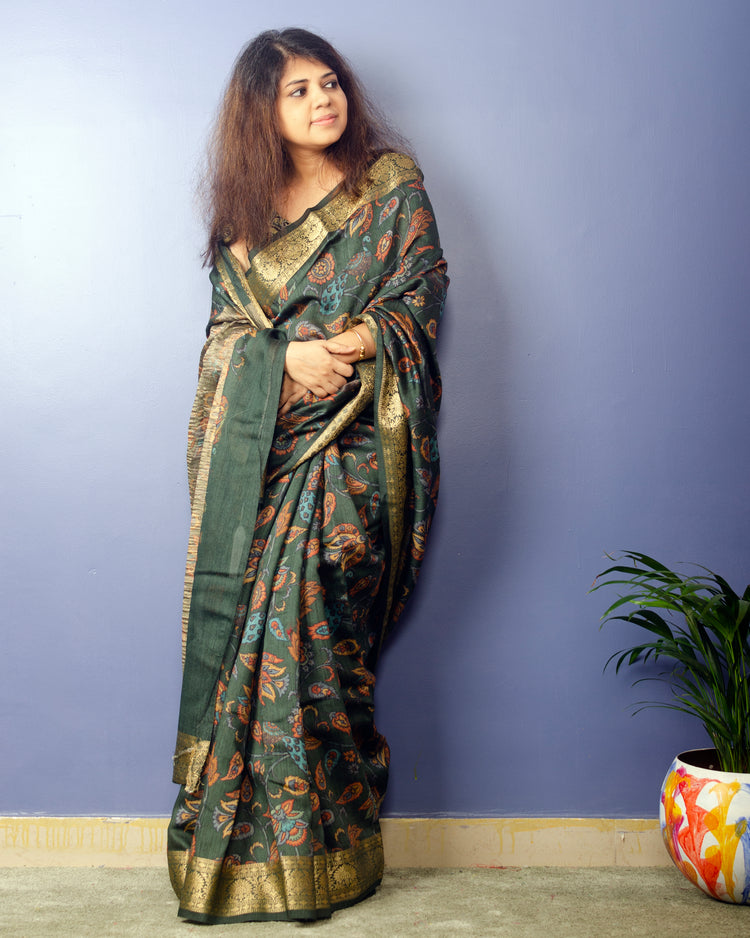 Juniper Handwoven Pure Muga Silk  with Kalamkari Print