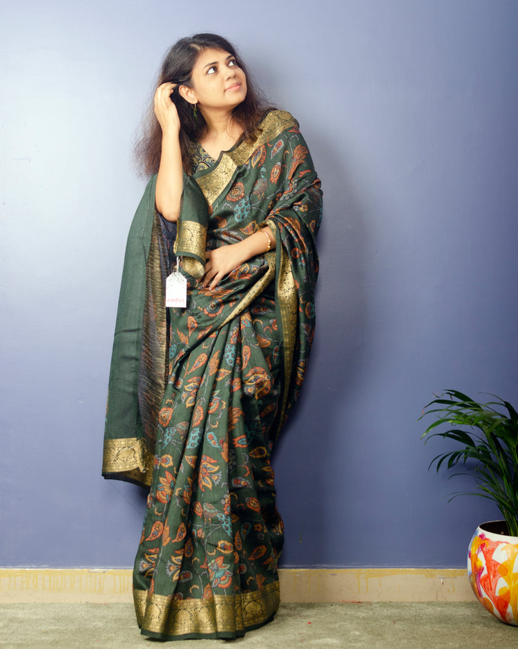 Juniper Handwoven Pure Muga Silk  with Kalamkari Print