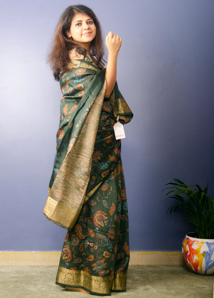 Juniper Handwoven Pure Muga Silk  with Kalamkari Print