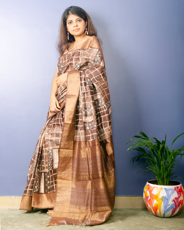 Mix Of Brown Color  Hand Block Print on Pure Tussar Silk